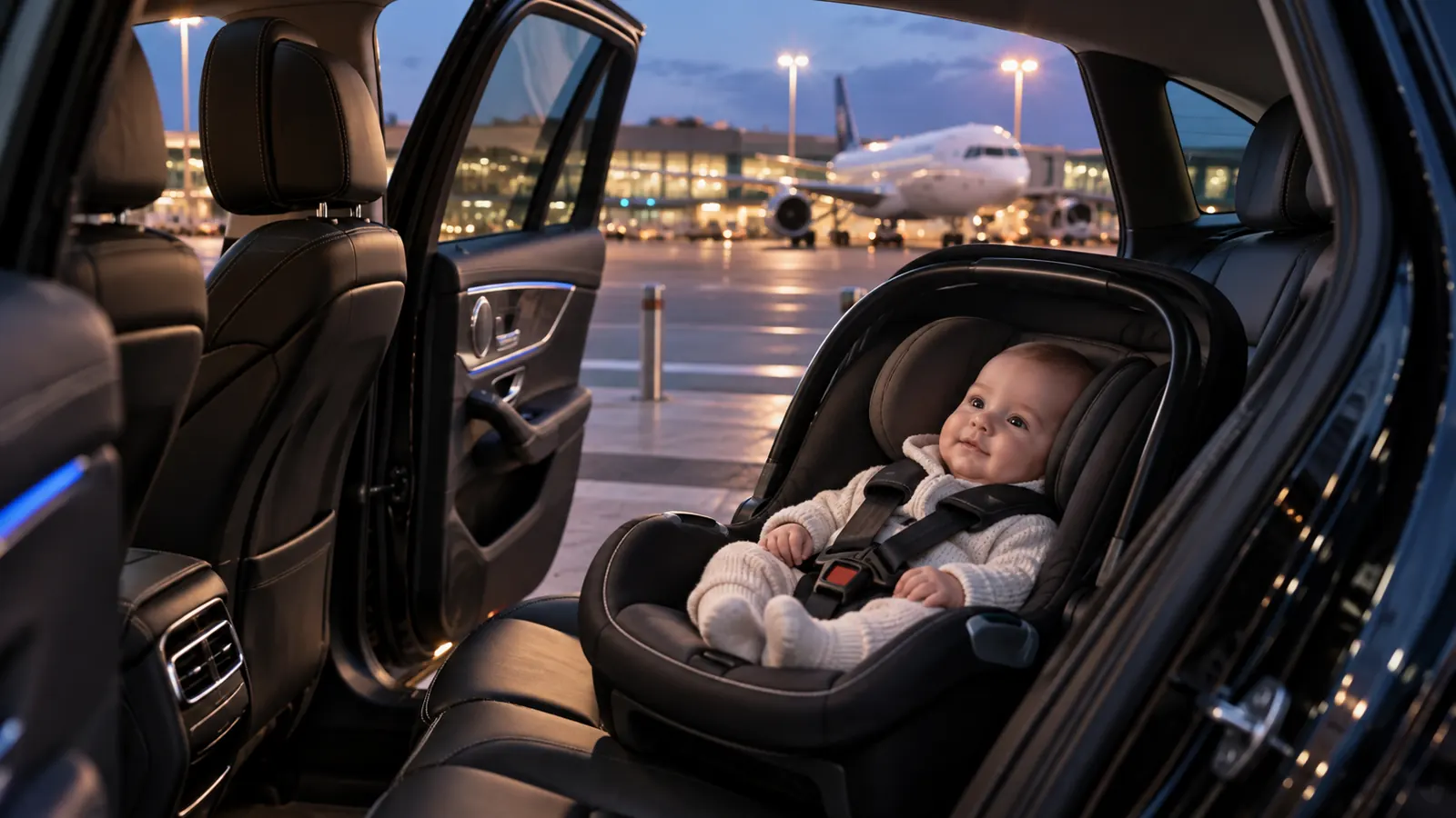 Taxi VTC avec siège auto bébé à l'aéroport de Bordeaux-Mérignac, siège installé avant la prise en charge